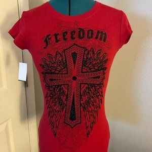 Red "Freedom" Cross with Wings Sparkly Blk - Size M